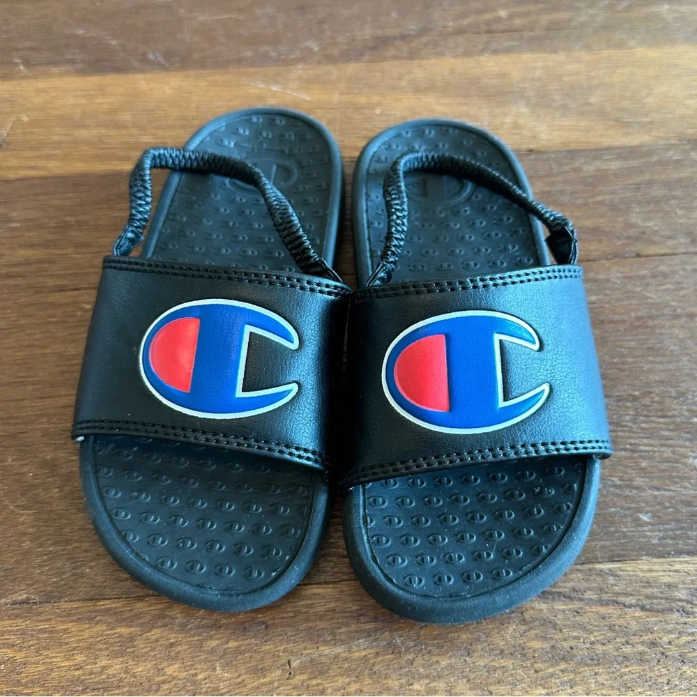 Champion Toddler Boys IPO Slides Sandals Size 10T Black Logo Pool Beach Shower